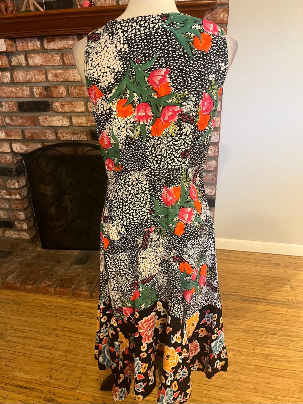 Maeve Black Floral Midi Dress with Pink and Orange Accents - Picture 4 of 5
